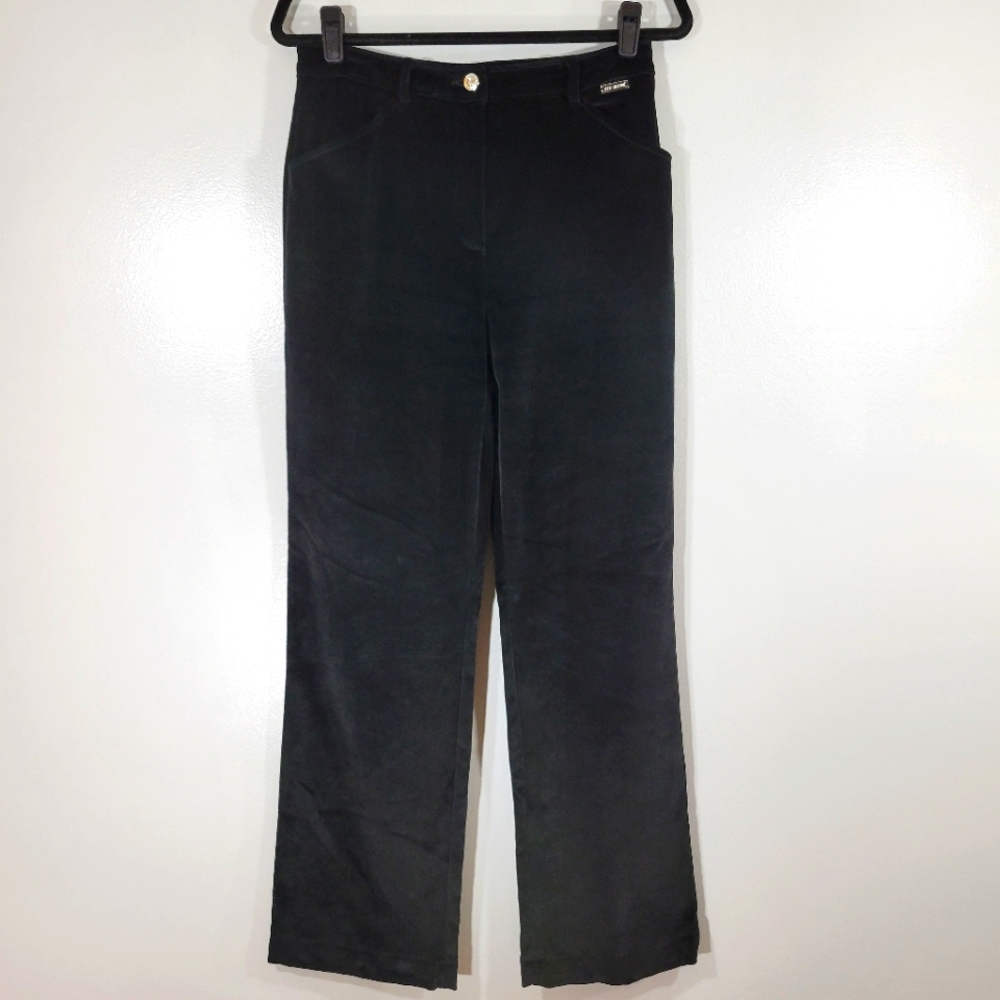 ST. JOHN SPORT black stretch velvet straight leg high rise dress trouser pants